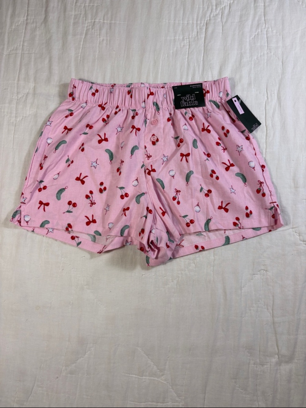 NWT Pink Pajama Boxer Shorts Christmas with Bows, Pickles, and Cherries XXS